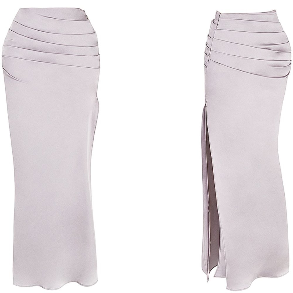 HOUSE OF CB 'Jia' Grey Satin Gathered Maxi Skirt NWOT - Picture 6 of 9